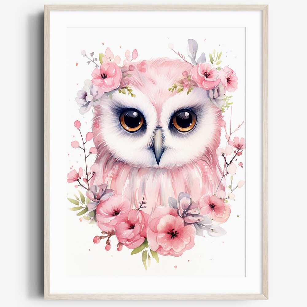 Watercolor Floral Owl Portrait Wall Art Illustration Print Poster Unframed